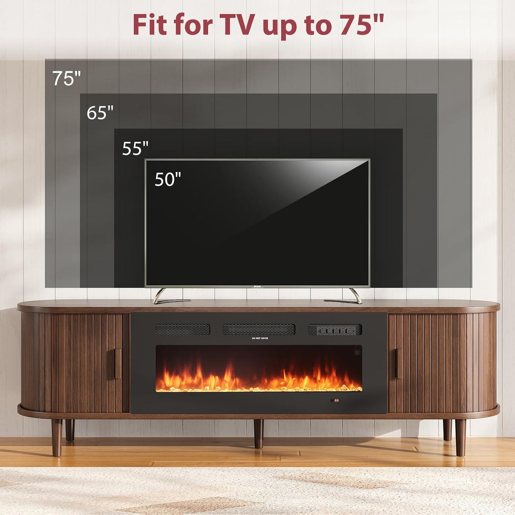70" Mid Century Modern TV Stand with Fireplace, Fluted Fireplace TV Stand, Entertainment Center with Sliding Door, TV