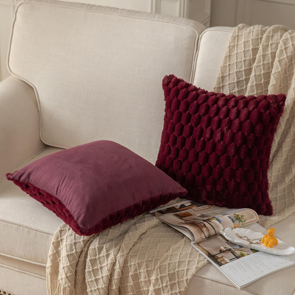 Pack of 2 Burgundy Super Soft Plush Fluffy Decorative Throw Pillow Covers 18x18 inch Faux Fur Wool Velvet Cushion