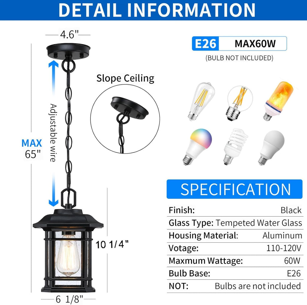 Outdoor Pendant Lights for Porch, Black Exterior Hanging Lanterns, Farmhouse Ceiling Light Fixture