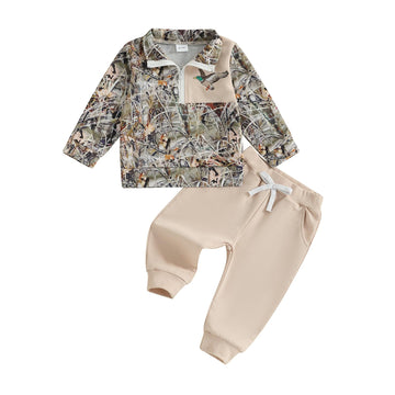 Toddler Baby Boy Girl Hunting Outfit Mallard Duck Embroidery Quarter Zip Collared Shirt Long Pants Set Clothes