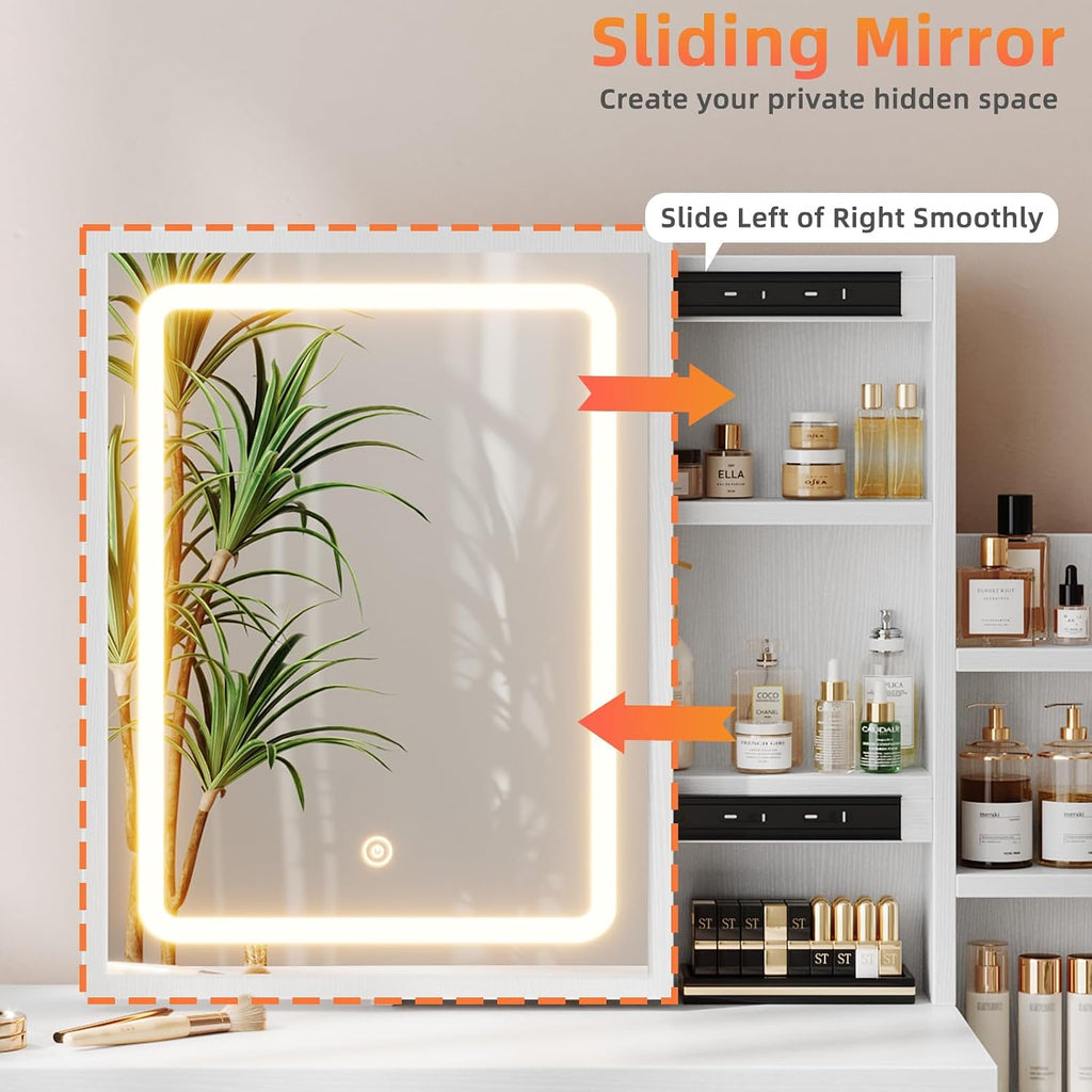 White Makeup Vanity Desk with Sliding Mirror & 4 Drawers | Smart LED Mirror, 3 Adjustable Lighting Modes, Vanity