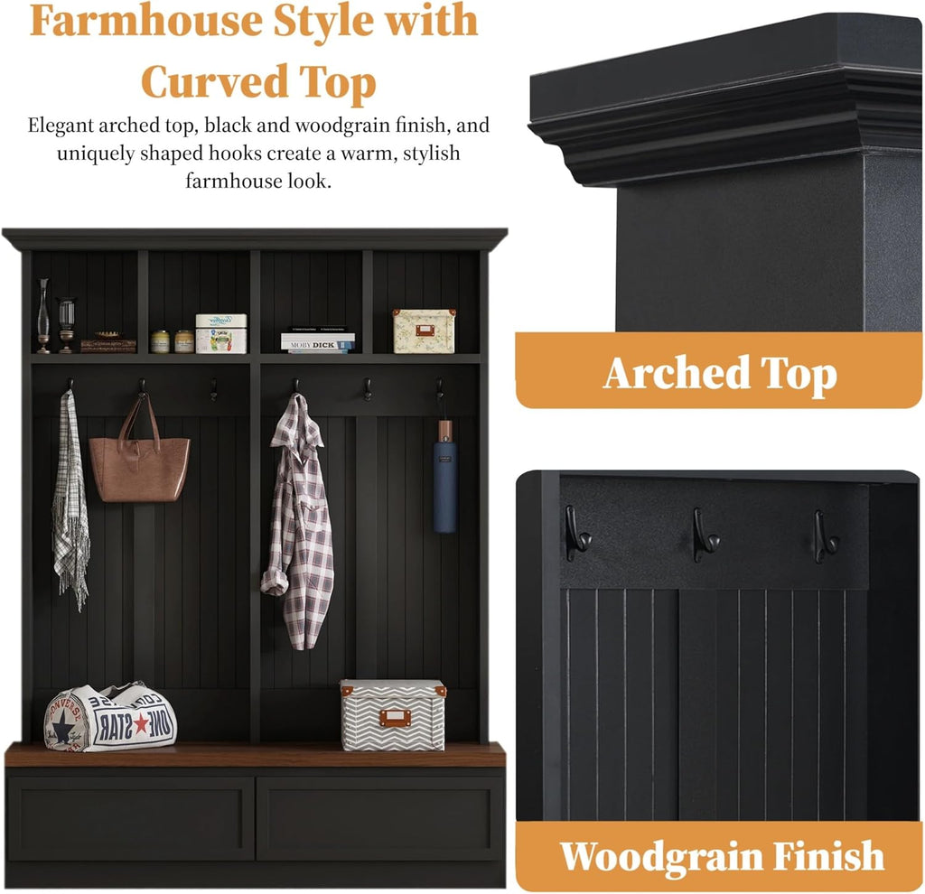 55.9" W Hall Tree with Bench and Shoe Storage,Shoe and Coat Rack with Drawer and Hooks,Farmhouse Furniture