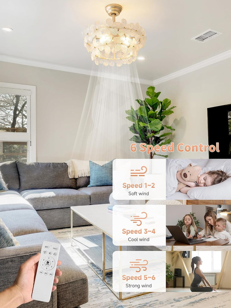 Gold Crystal Fandelier Ceiling Fans with Lights, 20" Gold Flower Chandelier Ceiling Fan with Light Remote Control