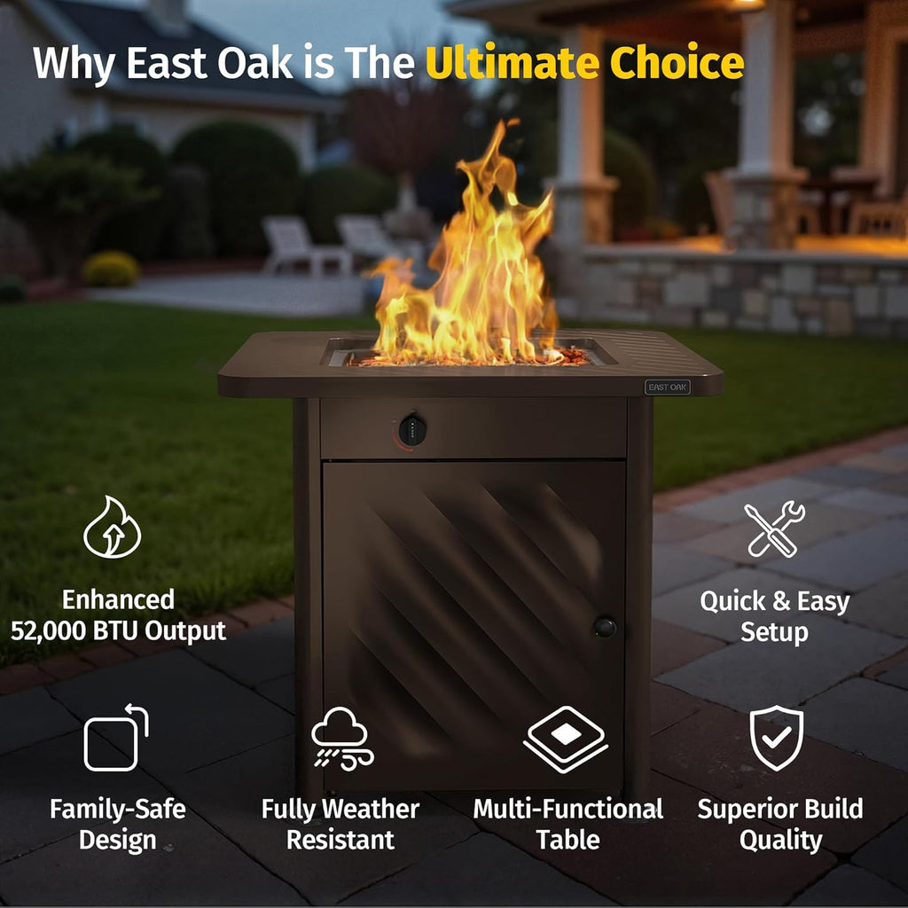 28” Outdoor Propane Fire Pit Table | 52,000 BTU Gas Fire Pit for 2-4 People with Space-Saving Hock Lid