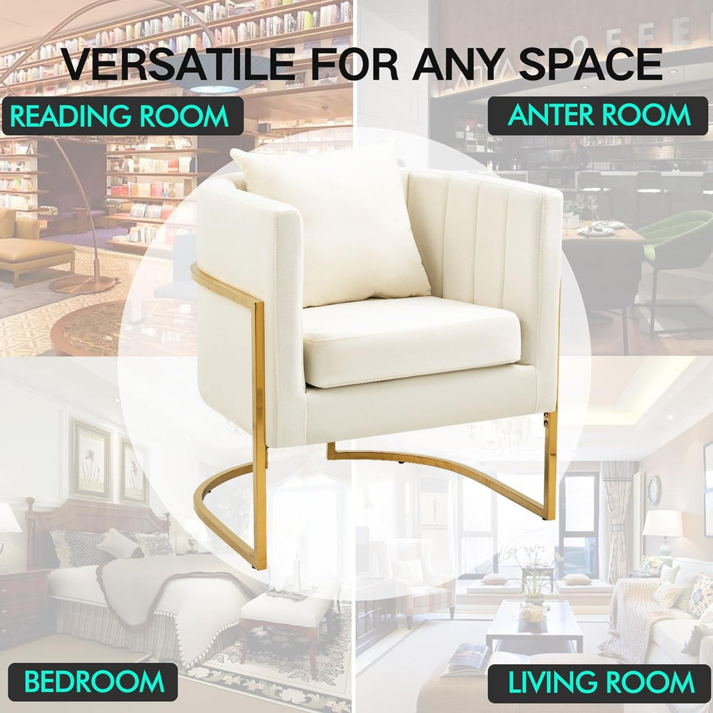 Velvet Accent Chair, Modern Barrel Arm Chair /Bedroom/Guest Reception, Upholstered Club Armchair with Pillow & Gold