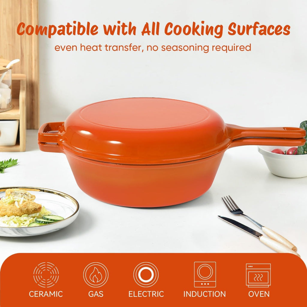2 in 1 Dutch Oven & Skillet Combo, 3QT Enameled Cast Iron Dutch Oven Pot with 1.5QT Skillet Lid, Versatile Pots for
