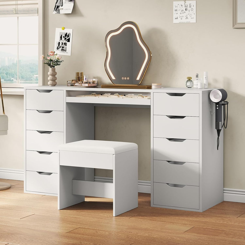 55" Vanity Desk Without Mirror, 10-Drawer Glass Top Makeup Vanity with Slide-Out Tray & Charging Station, Vanity Set