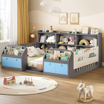Full Size Floor Wooden Montessori Bed Frame for Kids,Grey | 4 Fabric Drawers, Both Sides Bookshelves, 2-Tier Side