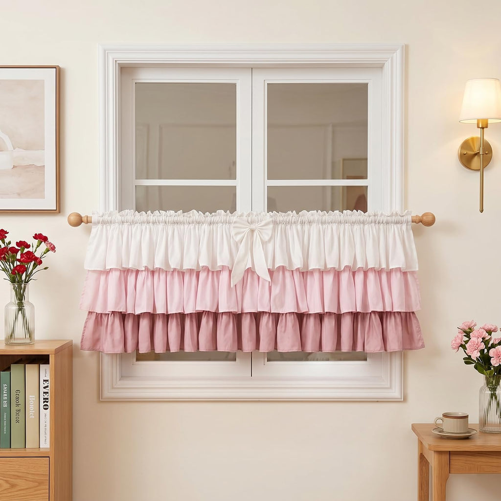 Ruffled Valance Farmhouse for Small Window White Pink Ombre 1PC