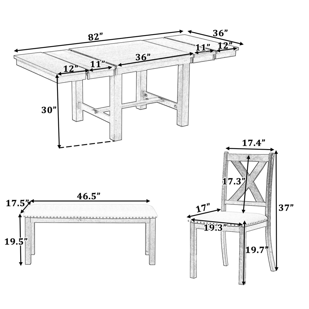 Extendable Dining Table Set with Bench and Upholstered Chairs, Natural+Beige