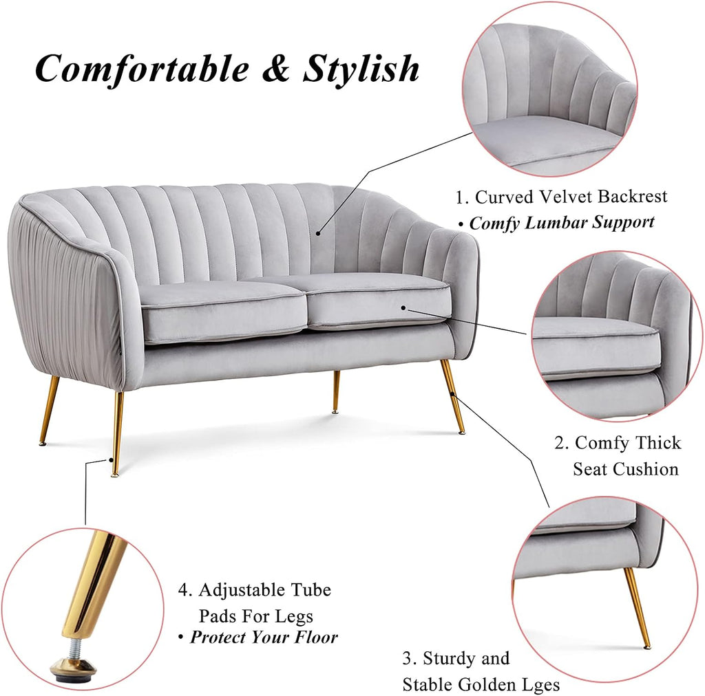 Contemporary Tufted Velvet Tub Barrel Loveseat Sofa Chair Upholstered Couch with Golden Metal Legs Club Two-Seat Sofa