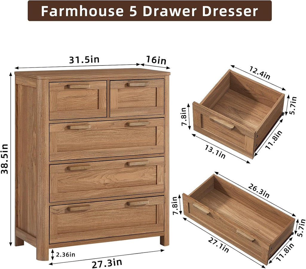 Farmhouse 5 Drawer Dresser , Brown | Vertical Dressers Chest of Drawers with 5 Deep Drawers & 4 Thickened Table Legs