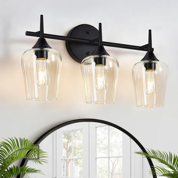 3-Light Bathroom Light Fixtures, Black Vanity Lights with Clear Glass, 19.5 Inch Bathroom Lighting Fixtures Over
