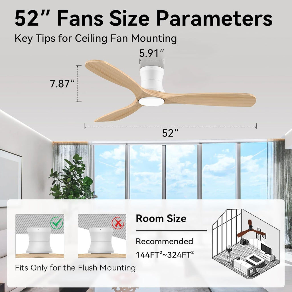52” Wood Smart Flush Mount Ceiling Fans with Lights and Remote,Quiet DC Motor