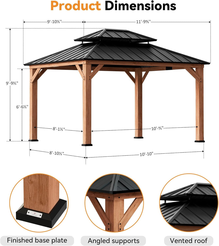 Modern Shade Wood Gazebo 10' x 12', Permanent Hardtop Gazebo with Double Galvanized Steel Roof