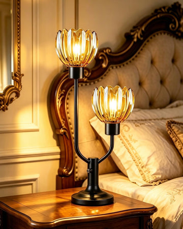 Mid Century Modern Glass Table Lamp Black Dimmable Desk Lamps with Brown Glass Shades 2 Bulbs Included 3000K Warmwhite