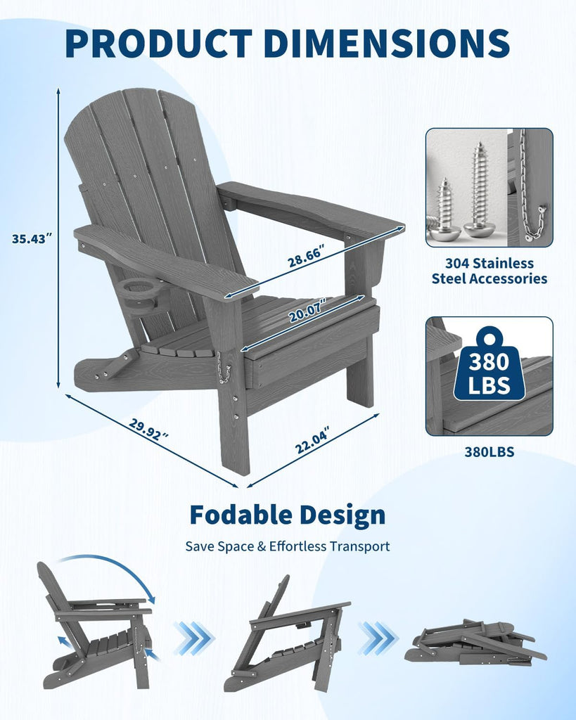 HDPE Folding Adirondack Chair Set of 2 with Side Table, Grey | All Weather Resistant Outdoor Chair with Wood Texture&