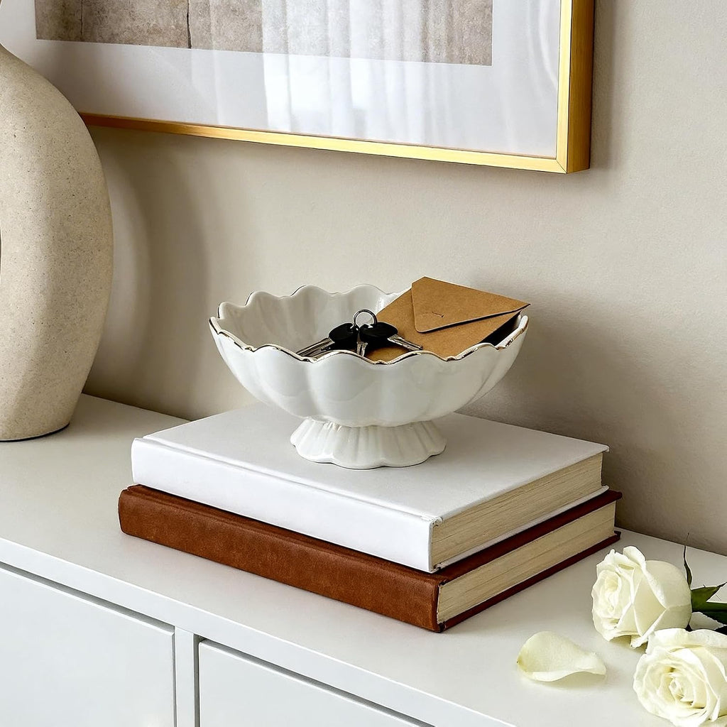 White Small Decorative Bowl 8 Inch Ceramic Key & Fruit Bowl Ruffle Lotus Shape with Gold Rim Candy Bowl, Multi-Use