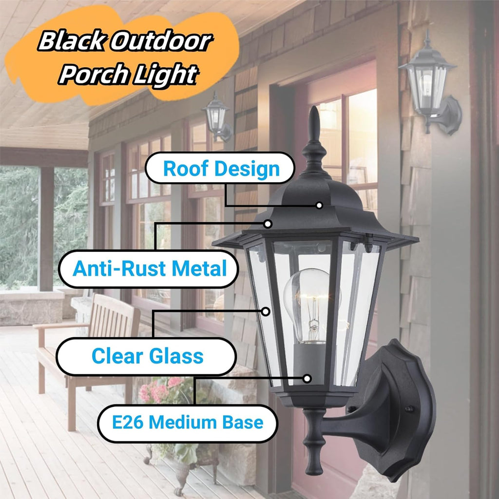 Outdoor Wall Lantern, Black Wall Sconce for House Porch Lighting Fixture, E26 Base 60W Max, Metal Housing Plus Glass