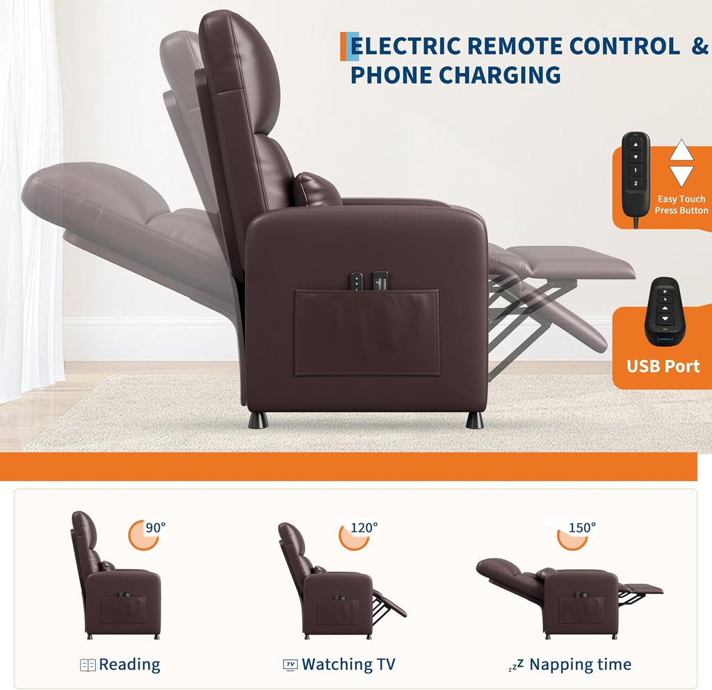 Power Recliner Chair, Adjustable Electric Recliner Ergonomic Overstuffed PU Leather Single Sofa, Tall Back
