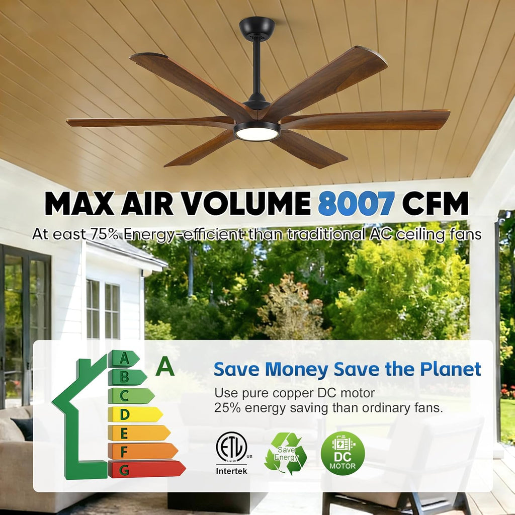 60 Inch Smart Outdoor Ceiling Fan with Lights for Patios, High CFM, Damp Rated 6 Walnut Wood Blades