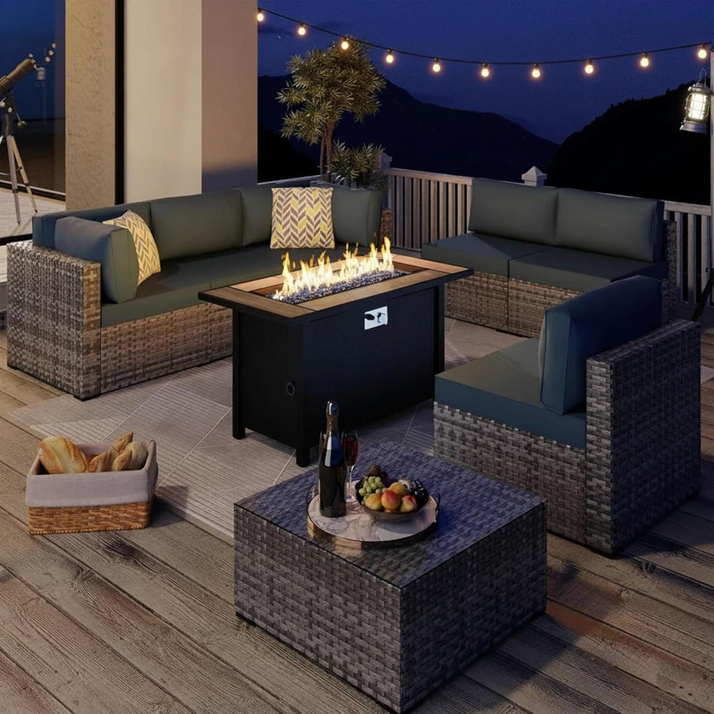 45 Inch Propane Fire Pit Table, 50,000 BTU Outdoor Gas Fire Pit for Patio & Backyard, 2-in-1 Firepit Dining Table with Glass Wind Guard, Blue Glass - Image 6