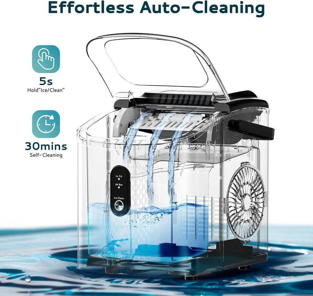 Ice Maker Countertop, Portable Ice Machine with Carry Handle, 26.5lbs Per Day, 9 Cubes in 6 Mins, Auto-Cleaning