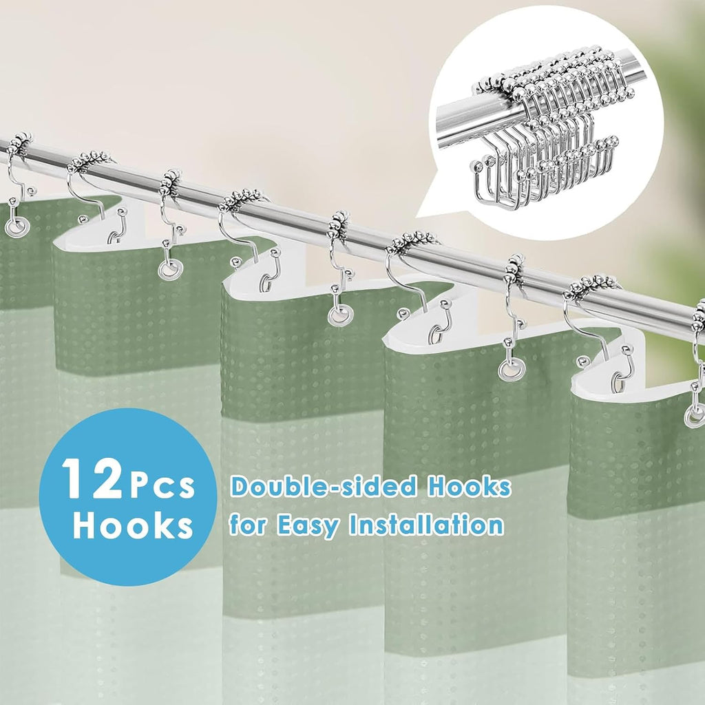 Scalloped Shower Curtain with PEVA Liner Set, Sage Green Striped Modern 3 in 1 Heavy Duty Waffle Weave Waterproof