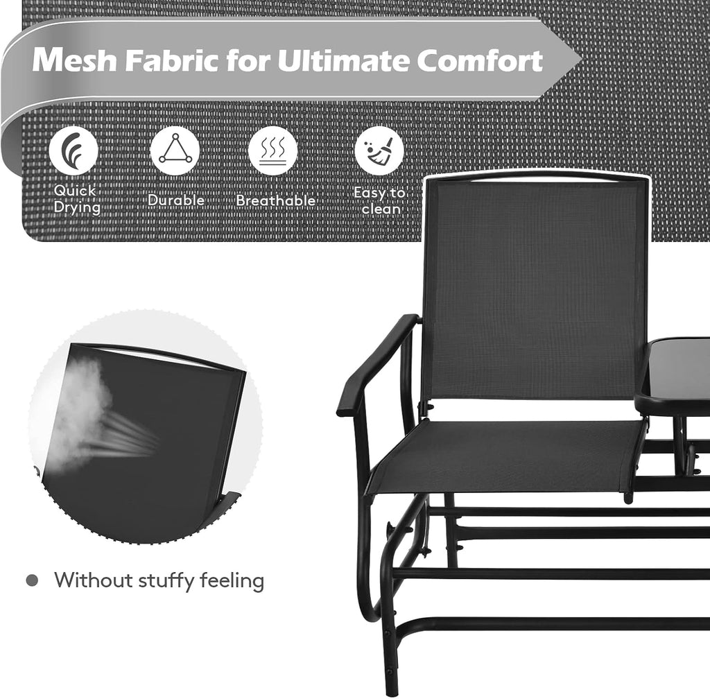 2-Person Outdoor Glider, Patio Glider Bench Chairs with Center Tempered Glass Table & Breathable Loveseat, Double