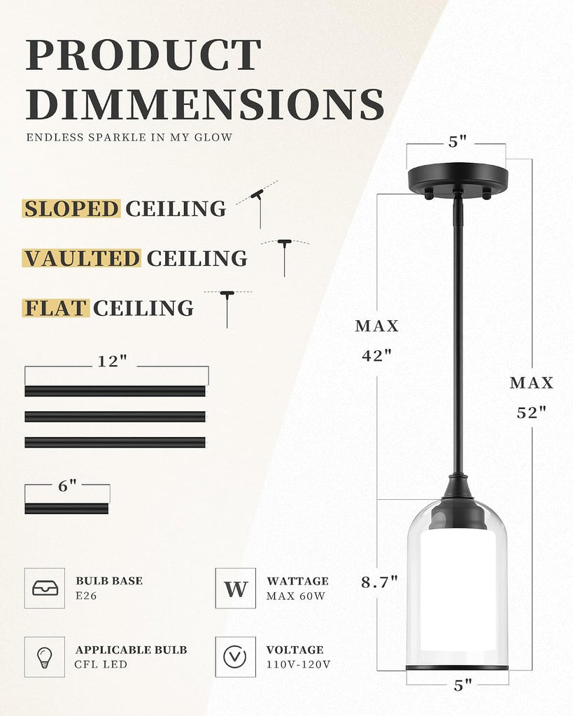 2 Pack Pendant Lights Kitchen Island, Dual Glass Pendant Lights, Black Hanging Lamp with Clear and Milk Glass