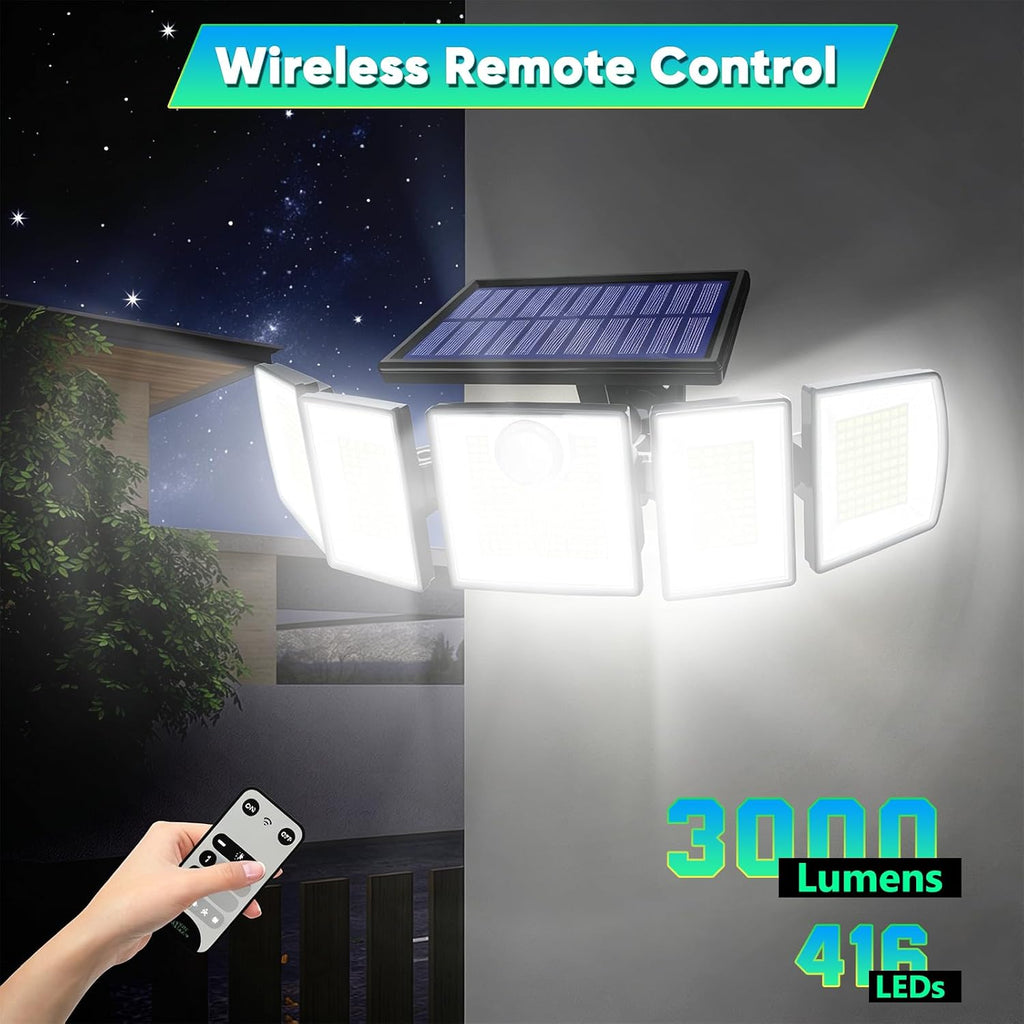Solar Lights Outdoor Waterproof Motion Sensor - 3000 Lumens 5-Head Adjustable Solar Flood Light, IP65 Waterproof
