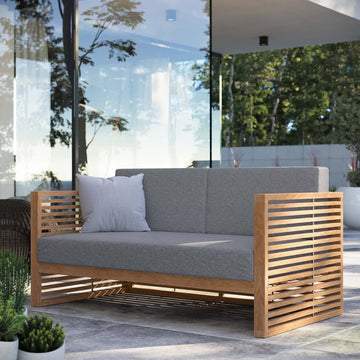Carlsbad Outdoor Patio Teak Wood Loveseat in Natural Gray