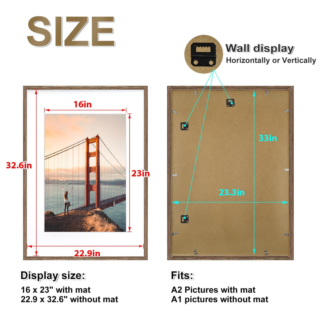 A1 Picture Frame, Rustic Brown Solid Wood Frame with Acrylic Plexiglass for Pictures A2 with Mat or A1 without Mat