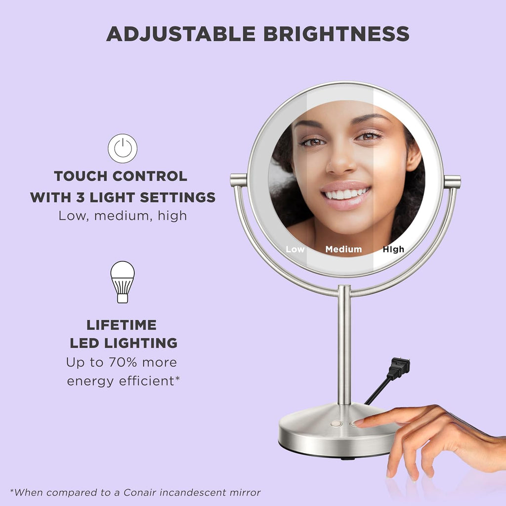 Lighted Makeup Mirror, Double-Sided LED Vanity Mirror with 1X/10X Magnification, 3 Light Settings, 3 Modes, 360°