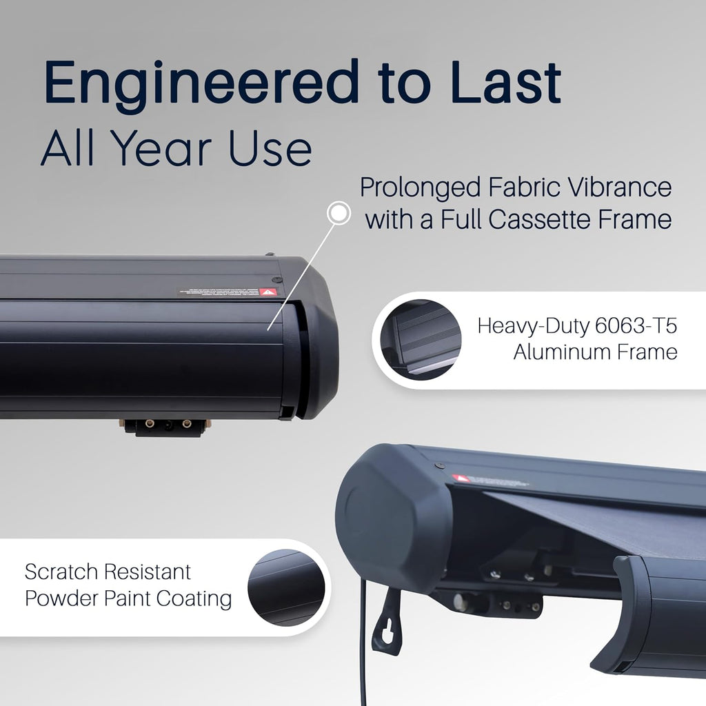 Electric Awning Full Cassette with LED (14x10) | Fully enclosed weatherproof housing, motorized remote extension