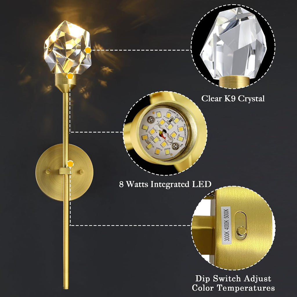 Indoor Crystal Wall Sconce, Brushed Brass Gold Hardwired Wall Light Fixture 3 Color Temperature 3000K-4000K-5000K 8W