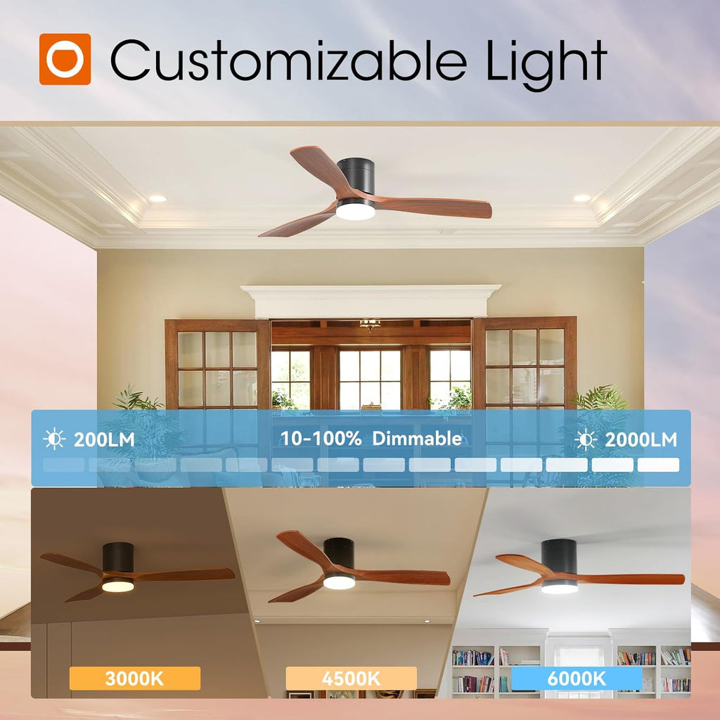 52 inch Ceiling Fans with Lights, Low Profile Ceiling Fan with Light and Remote Control, Flush Mount, Reversible, 3 Wood Blades, 5CCT Dimmable, Black Walnut Ceiling Fan for Indoor/Outdoor Use
