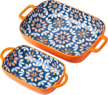 Ceramic Dish Set, 2-Piece Hand-painted Porcelain Rectangular Bakware set with Handles,Large 10.55"L*7.4"W and