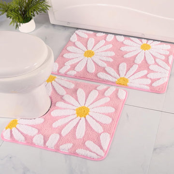 Bathroom Rugs Sets 2 Piece Cute Daisy Bath Mat Pink Toilet Rug U Shaped, Flower Deocr Bathroom Set Non Slip Contour