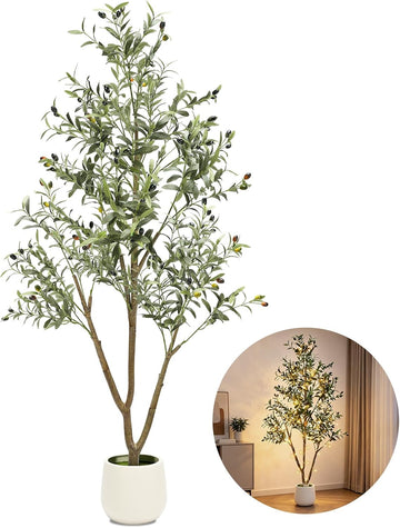 6FT Artificial Olive Tree Indoor with Lights & Planter, Realistic Faux Olive Trees with Lifelike Fruits Decor, Tall