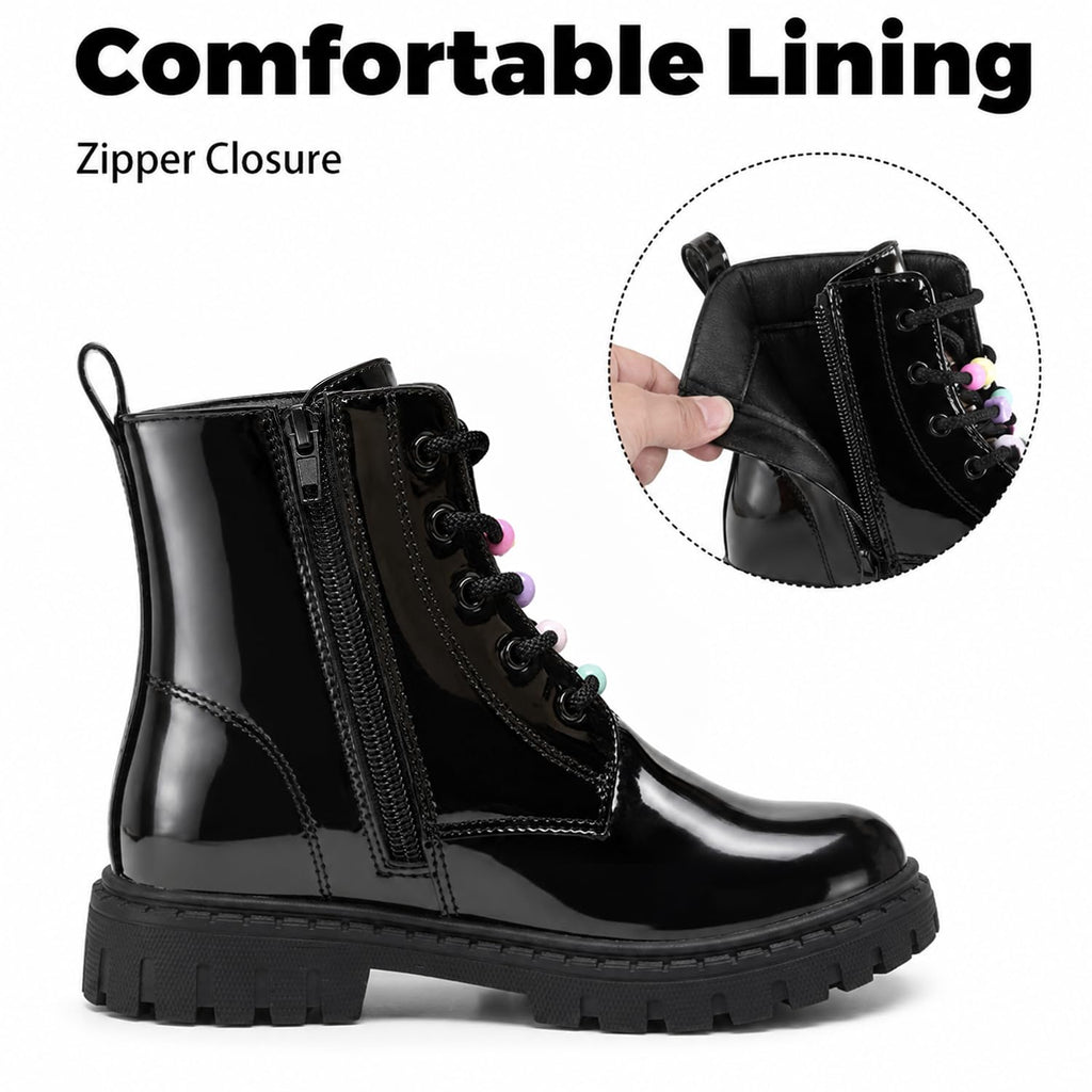 Combat Boots for Girls Lace Up Side Zipper Ankle Boots, Black, 3
