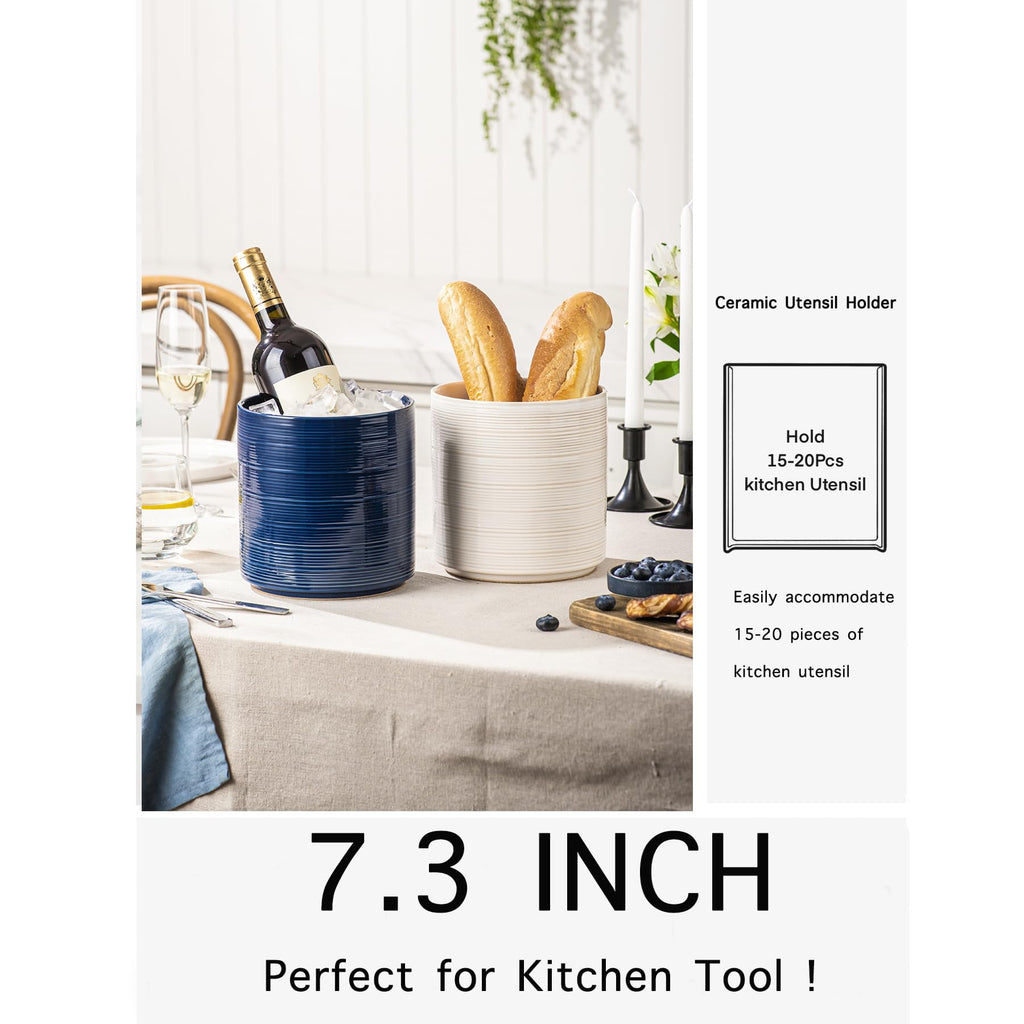 Large Utensil Holder Counter, 7.3" Ceramic Cooking Utensil Crocks for Spatula & Spoon, Farmhouse Kitchen Utensil