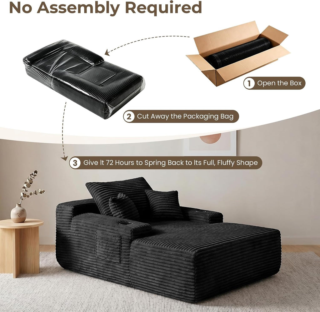 65" Oversized Boneless Chaise Lounge Chair Indoor, Corduroy Sleeper Bed with No Assembly , Reading Nook, Lounge, Black