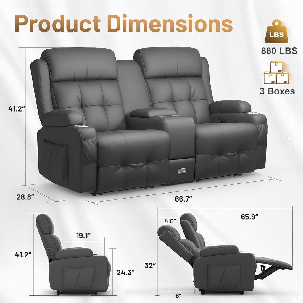 Home Theater Seating Loveseat Recliner Sofa, Massage Reclining Couch with USB, Center Console