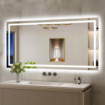 60x30 Large LED Bathroom Mirror with Lights, Brighter Backlit + Front Lit, Tempered Glass, Dimmable, Multiple Light