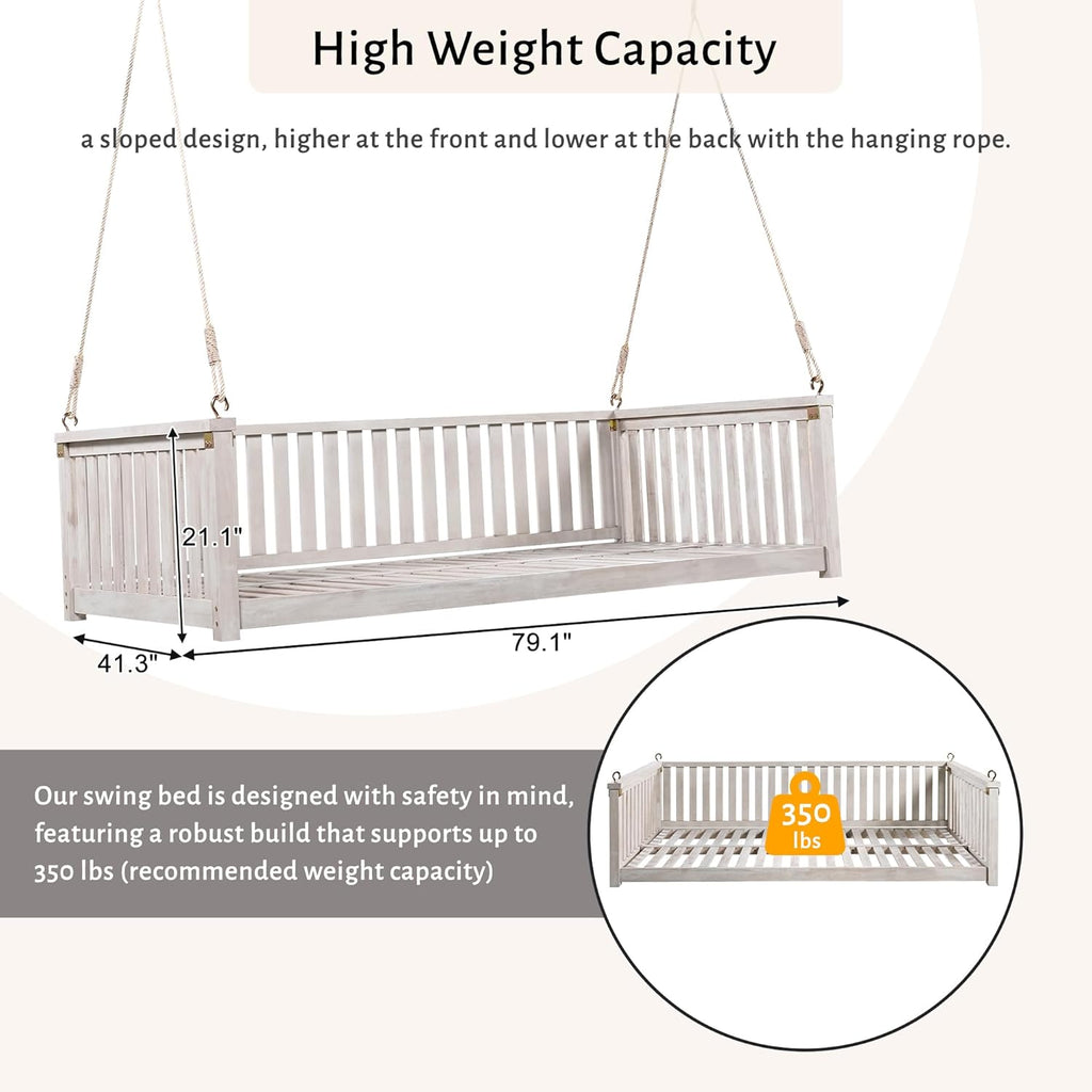 79" Acacia Solid Wood Porch Swing Bed Twin Size Hanging Daybed with Hemp Ropes, Classic Patio Backyard Outdoor Wooden