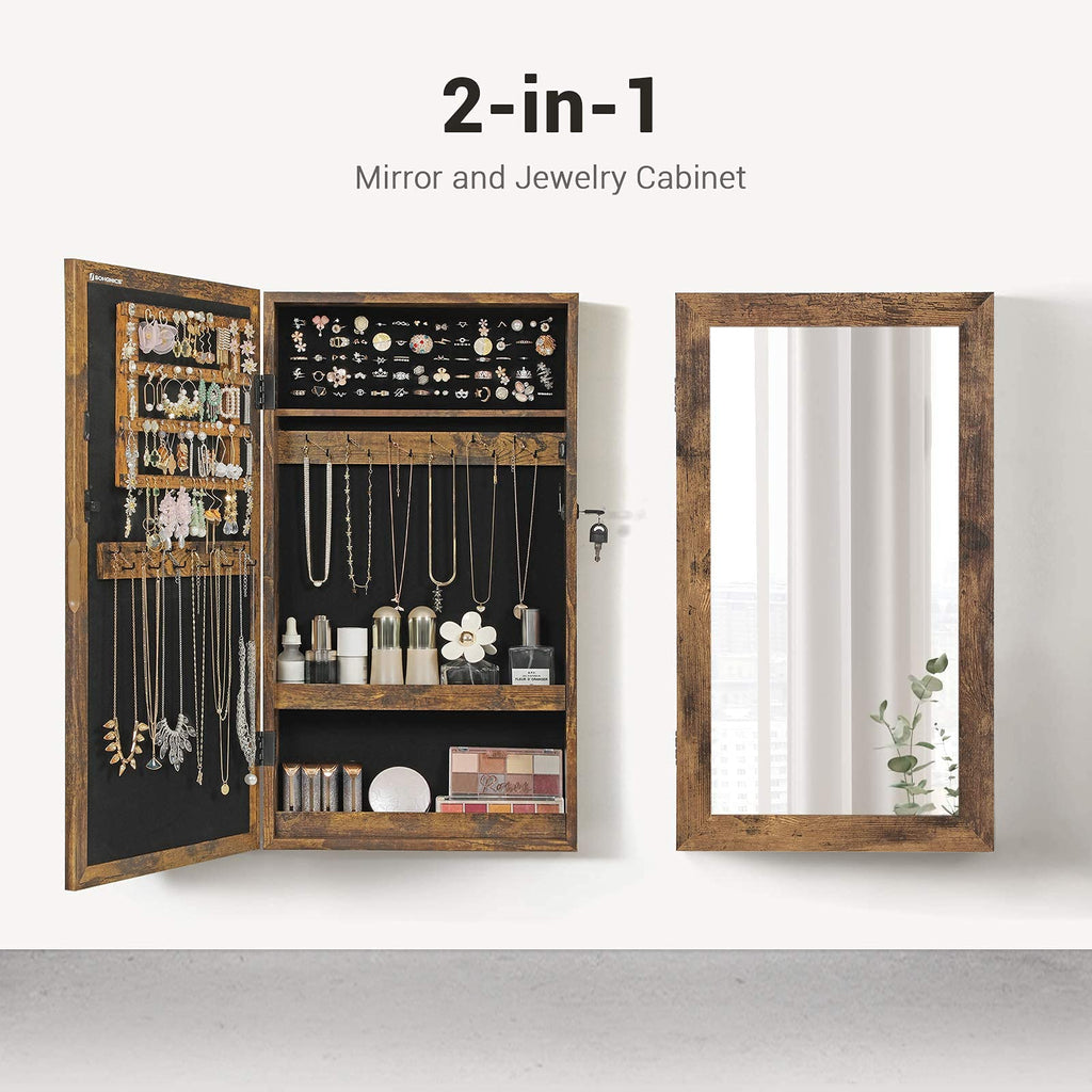 Lockable Jewelry Cabinet Armoire with Mirror, Wall-Mounted