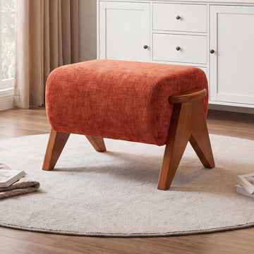 Linen Padded footstools Mid Century Modern Ottoman with Wood Frame, Lounge Upholstered Ottoman, Reading Chair, Sturdy