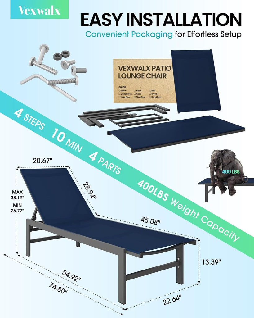 Pool Lounge Chairs Set of 2, Aluminum Lounge Chair Outdoor with 5-Position Recliner, Patio Chaise Lounge Outdoor for