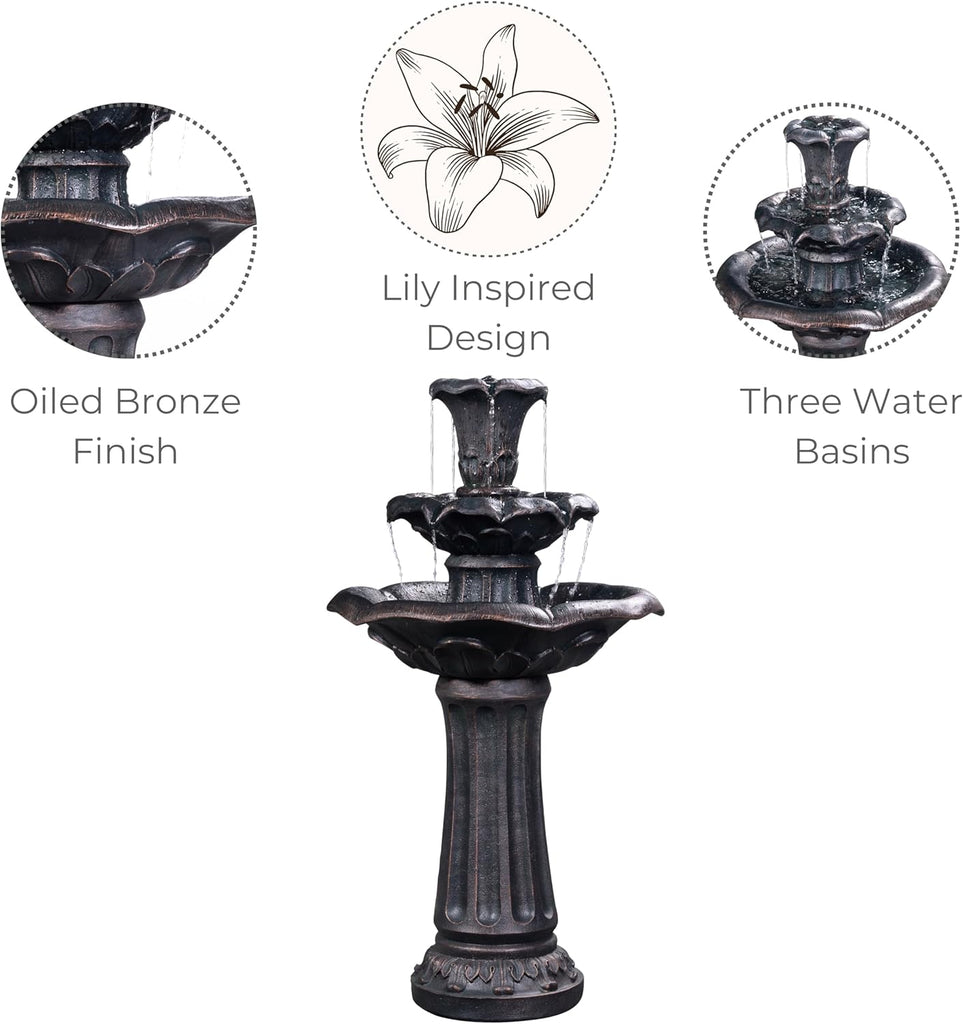 Lily Flower Floor Pedestal 3 Tiered Floor Waterfall Fountain with Pump Patio Garden Backyard Decking, 38 Inch Height